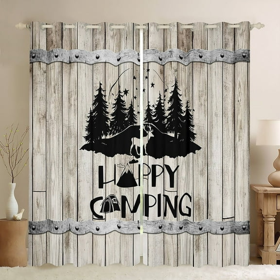 Erosebridal Rustic Cabin Curtains for Living Room,Black Grey Blackout Curtains Set of 2 (38x45),Happy Camping Curtains and Drapes (38x45),Lodge Room Decor
