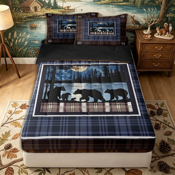 Erosebridal Rustic Cabin Plaid Bear Zipper Twin Comforter Sets with Fitted Sheet and 2 Pillowcases,Lake Pine Moon Silhouette Zipper Bedding Set,Brown Navy,Black Reversible