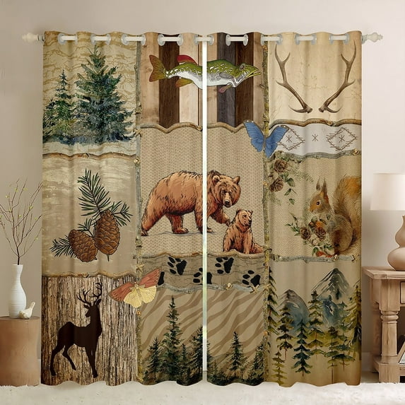 Erosebridal Rustic Cabin Window Curtains Jungle Bears Curtains & Drapes Country Nature Blackout Curtains Bear Paw Print Moose Butterlfy Fish Curtains Vintage Mountain Pine Tree,38x54 inch