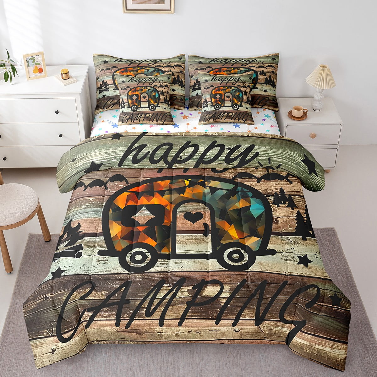 Erosebridal Rustic Camper Bedding Queen Size, Happy Camping Bed in a ...