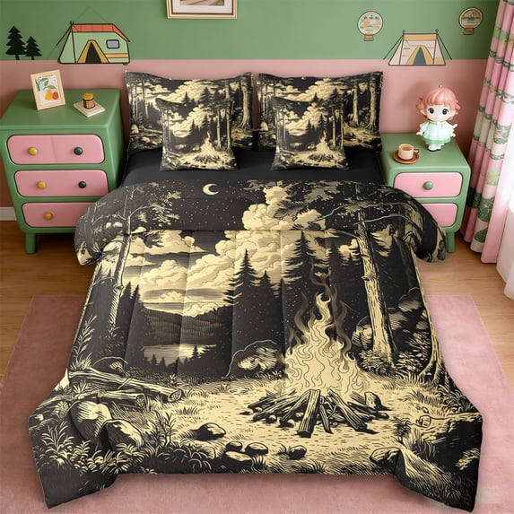 Erosebridal Rustic Camping Adventure 7 Pieces Bedding Comforter Set,Country Farmhouse Lodge Full Bedding Set For Adults,Reversible black
