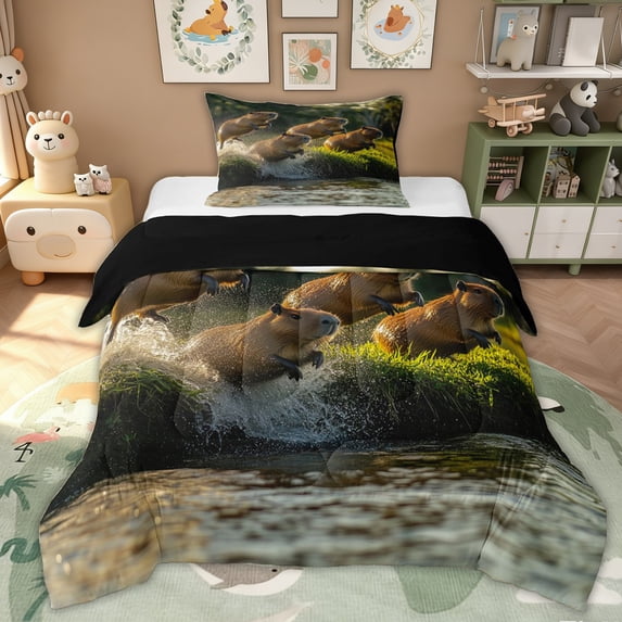 Erosebridal Rustic Capybara Kids Twin Comforter Sets, Jungle Roment Animals Bedding Set, 2pcs