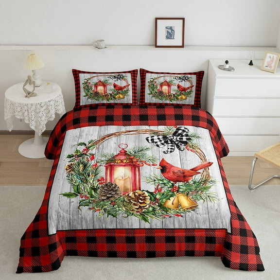 Erosebridal Rustic Cardinal Bird Quilt Bedding Set Merry Christmas Comforter Set Adults Room Decor Queen,Farmhouse Red Black Buffalo Plaid Check Down Comforter,Xmas Holiday Duvet Set 3 Pcs