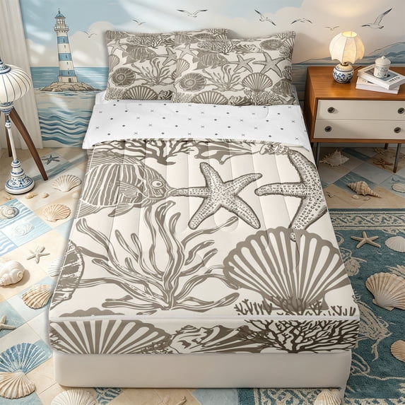 Erosebridal Rustic Coral Zipper Full Size Comforter Sets with Fitted Sheet and 2 Pillowcases,Ocean Starfish Zipper Bedding Set,Taupe Beige,Reversible