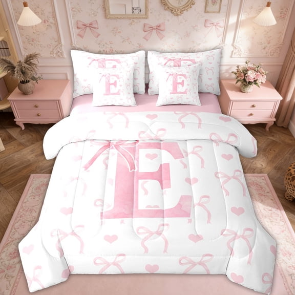 Erosebridal Initial Letter E Bedding Twin Size, Dreamy Bow Love Bed in a Bag Twin size, Girly Romantic Decor, Reversible 7pcs