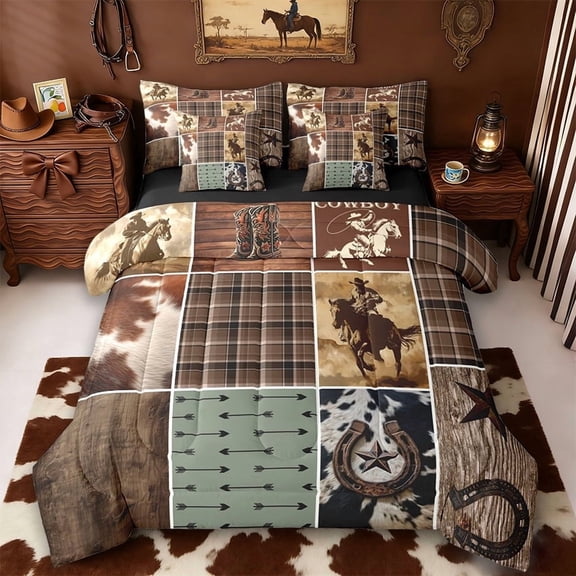 Erosebridal Rustic Cow Hide 7 Pieces Bedding Comforter Set,Western Texas Star Cowhide Print Full Bedding Set For Cowboy Cowgirl,Reversible Black