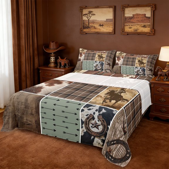 Erosebridal Rustic Cow Hide Full Size Sheets,Western Texas Star Cowhide Print Bed Sheets For Cowboy Cowgirl 4 Pieces