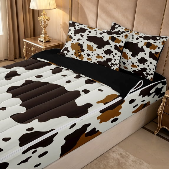 Erosebridal Rustic Cow Spot Zipper Full Size Comforter Sets with Fitted Sheet and 2 Pillowcases for Boys Girls, Western Highland Cattle Hide Print Zipper Bedding Set, Black Reversible, 4pcs
