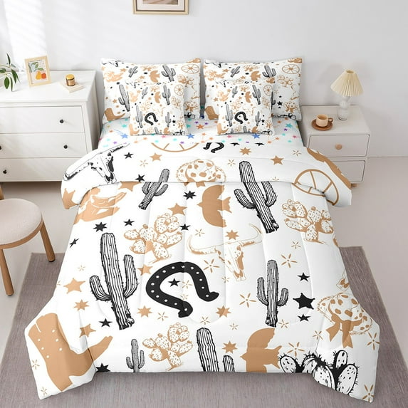 Erosebridal Rustic Cowboy Boots Bedding Sets Full Size,Farmhouse Horseshoe Comforter Sets With Sheets,Plant Cactusbed In A Bag Full Size, Microfiber Room Decorative,7 Pieces Reversible