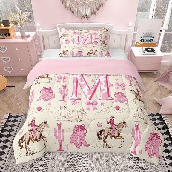 Erosebridal Rustic Cowgirl Twin Comforter Sets for Girls, Personalized Initial M Bedding Set, Pink Reversible, 1 Comforter and 1 Pillowcase