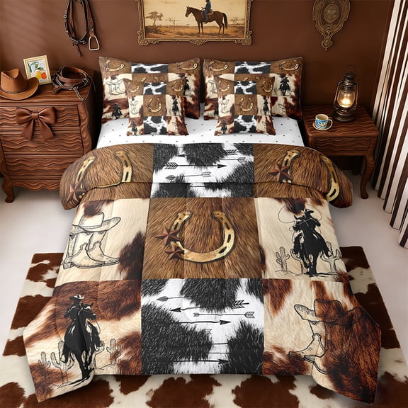 Erosebridal Rustic Cowhide Print 7-Piece Twin Bedding Sets,Western Cowboy Texas Stars Bedding Comforter Set For Men Adults,Reversible