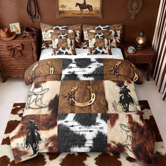 Erosebridal Rustic Cowhide Print 7 Pieces Bedding Comforter Set,Western Cowboy Texas Stars Full Bedding Set For Men Adults,Reversible