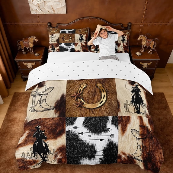 Erosebridal Rustic Cowhide Print Duvet Cover Set,Western Cowboy Texas Stars Bedding Full For Men Adults,Reversible,3-Piece(No Comforter)