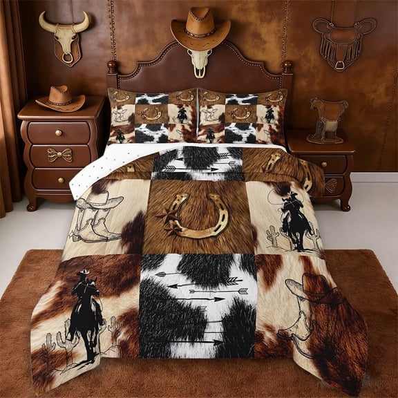 Erosebridal Rustic Cowhide Print Full Size Comforter Sets,Western Cowboy Texas Stars Bedding Sets For Men Adults,Reversible,3-Piece