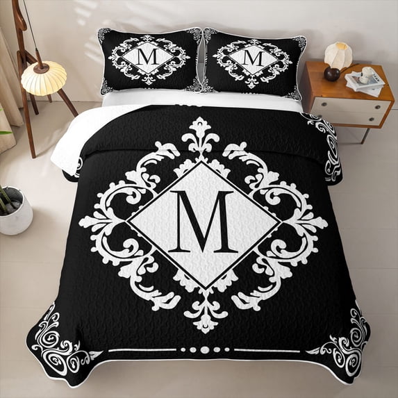 Erosebridal Rustic Damask Letter M Twin Quilt Set,White And Black Print Twin Coverlet Set For Adults,2 Pieces