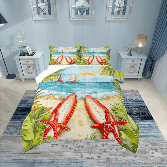 Erosebridal Sea Surfing Starfish Bedding Twin Comforter Set,Ocean Beach Down Comforter,Teenager Bedroom Decor,Lightweight,2-Piece