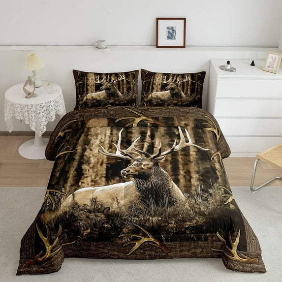 Erosebridal Rustic Deer Comforter Set for Cabin Lodge Vintage Elk Moose Antlers Bedding Set Queen Size Farmhouse Woodland Quilt Hunting Animal Duvet Insert with 2 Pillowcase Home Room Decor