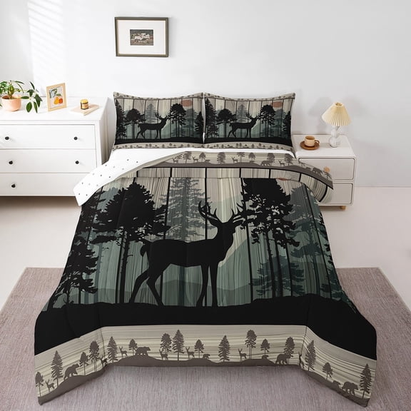 Erosebridal Rustic Deer Elk Bedding Sets Queen with Comforter, Jungle Animal Duvet Insert, Wooden Plank Reversible Bedding Queen Comforter Set, Lightweight Room Decoration, 3pcs