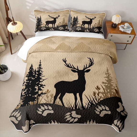Erosebridal Rustic Deer Silhouette Bed Spread Queen for Women Men, Mountain Forest Print Queen Coverlet Set, 3 Pieces