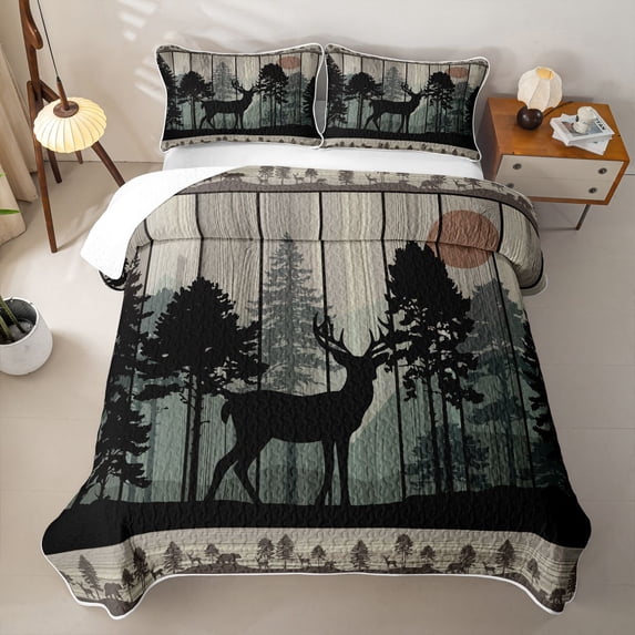 Erosebridal Rustic Deer Silhouette Quilt Full,Pine Tree Wood Full Bedspread Sets For Boys,3pcs