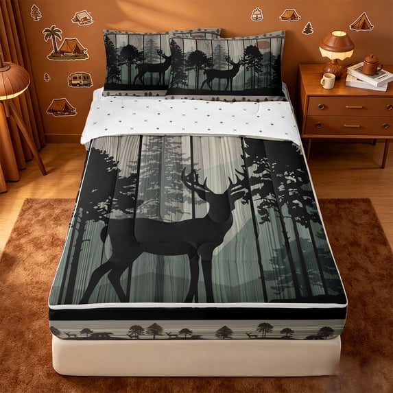Erosebridal Rustic Deer Silhouette Zipper Queen Comforter Set with Fitted Sheet and 2 Pillowcases,Pine Tree Wood Zipper Bedding Set For Boys,Reversible,4 Pieces
