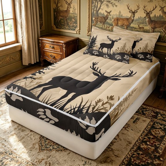 Erosebridal Rustic Deer Silhouette Zipper Twin Comforter Sets with Fitted Sheet and 2 Pillowcases for Women Men, Mountain Forest Print Zipper Bedding Set, Black Reversible, 4 Pieces