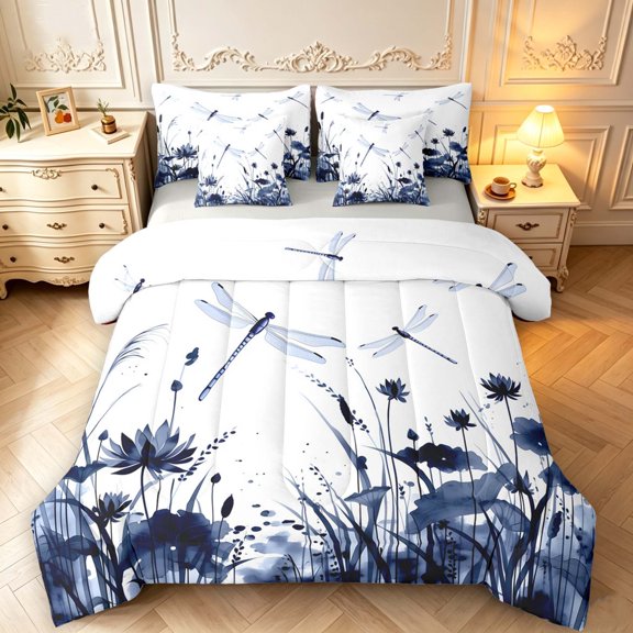 Erosebridal Rustic Dragonfly 7-Piece Twin Bedding,Vintage Floral Bedding Comforter Set,White Blue,Light Gray Reversible