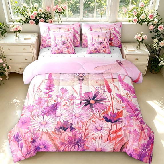 Erosebridal Rustic Dragonfly 7 Pieces Full Size Bedding Sets,Vintage Floral Full Size Bed in a Bag,Pink White,Reversible