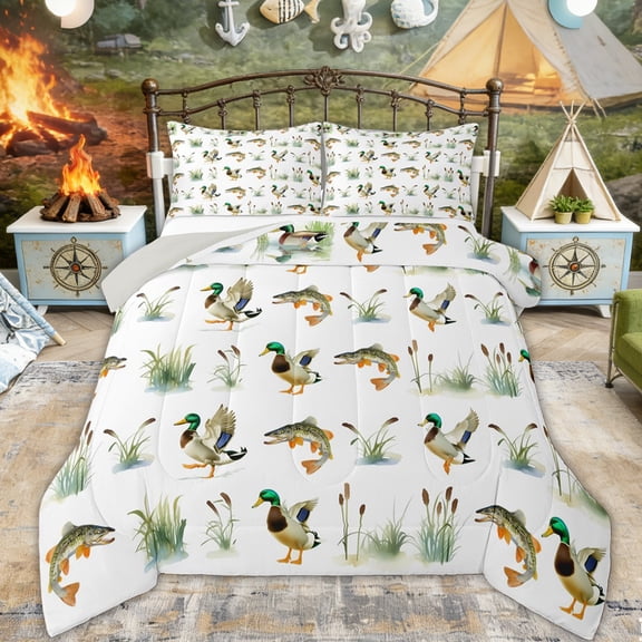 Erosebridal Rustic Duck Kids Queen Comforter Set, Cartoon Pike Fish Bedding Comforter Set, Grey Reversible, 3pcs