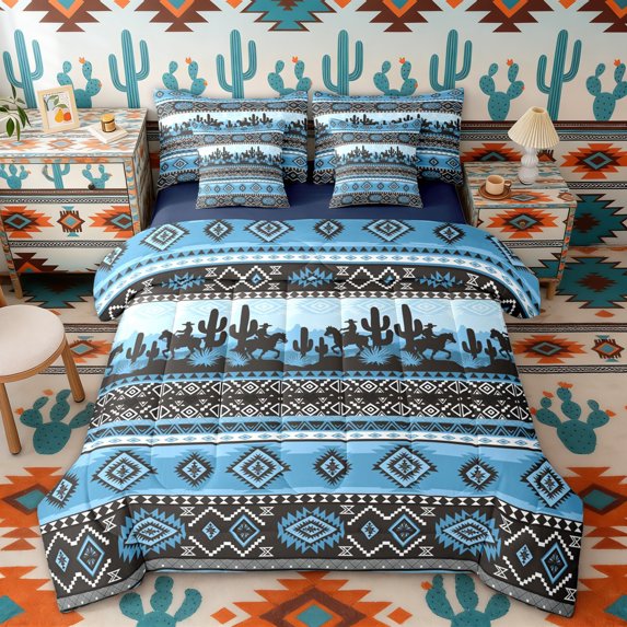 Erosebridal Rustic Farmhouse Aztec Bedding Comforter Set, Western Cowboy Queen Bedding Sets, Blue Black, Navy Reversible 7pcs