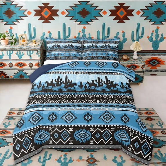 Erosebridal Rustic Farmhouse Aztec Queen Comforter Set, Western Cowboy Bedding Comforter Set, Blue Black, Navy Reversible 3-Piece, 1 Comforter and 2 Pillowcases