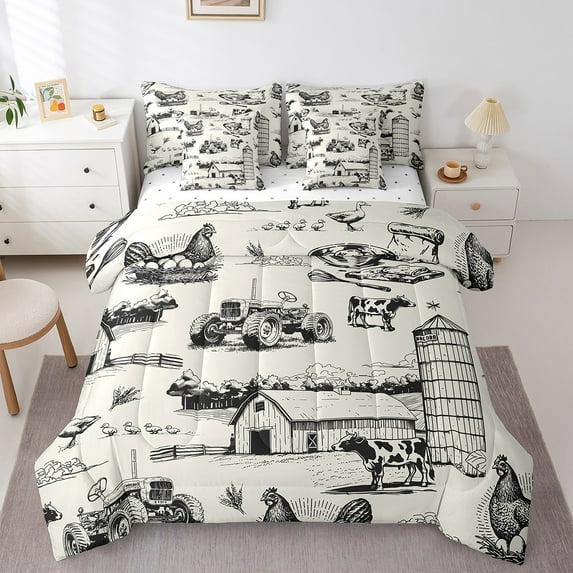 Erosebridal Rustic Farmhouse Bed in a Bag King Size, Farm Rooster Cow Duck Bed Set, Breathable Bed Sheets Setp with Comforter, Bedroom Decor, Reversible 7 Pieces