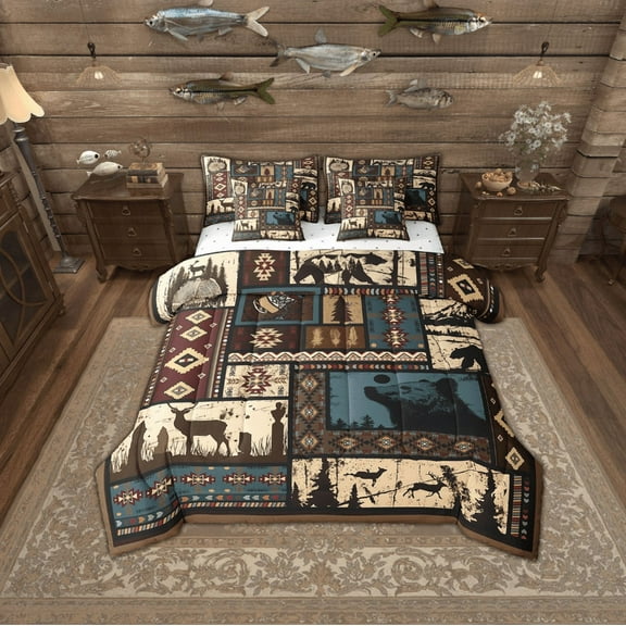 Erosebridal Rustic Farmhouse Bed in a Bag Twin Size, Hunting Bear Deer Bed Set, Tribal Aztec Bedroom Decor Super Cozy 7 Pieces