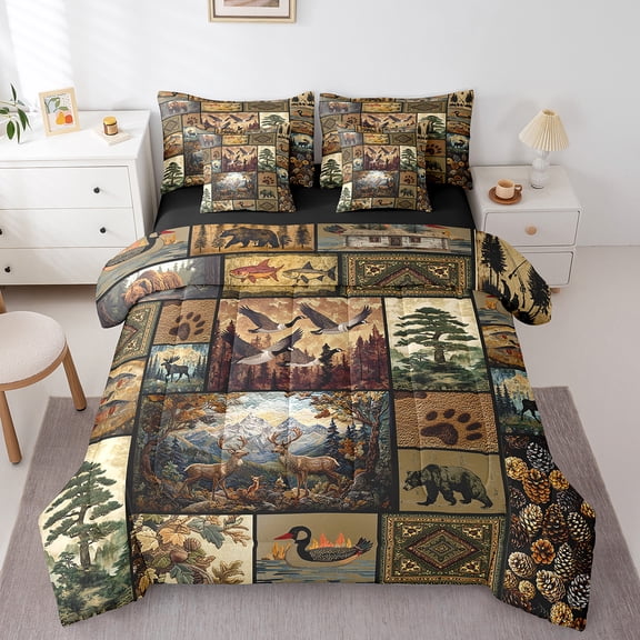 Erosebridal Rustic Farmhouse Bedding Sets Queen Size, Patchwork Wildlife Comforter Sets with Sheets, Bear Deer Reversible Bedding Queen Size, Ultra Soft Room Decor, 7 Pieces