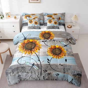 Erosebridal Rustic Farmhouse Comforter Set Full Size 7 Piece Butterfly Sunflower Bed In A Bag,Country Floral Bedding Set Sunflower Sheet Set With Comforter Adults