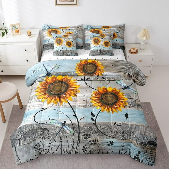 Erosebridal Rustic Farmhouse Comforter Set Queen Size 7 Piece Butterfly Sunflower Bed In A Bag,Country Floral Bedding Set Sunflower Sheet Set With Comforter Adults