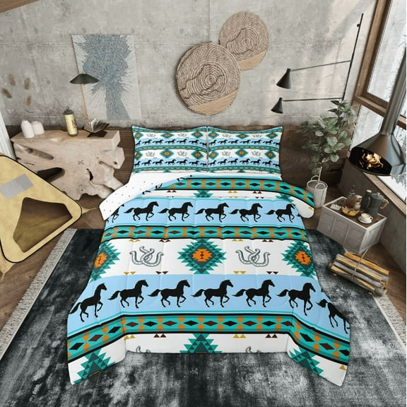 Erosebridal Rustic Farmhouse Horse Bedding Twin Comforter Set, Teal Blue Aztec Down Comforter, Lodge Cabin Bedroom Decor, Reversible 2-Piece