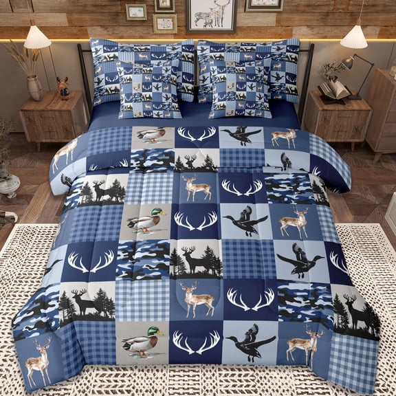 Erosebridal Rustic Farmhouse Mallard 7pcs Bedding Comforter Set,Blue Camouflage Classic Plaid Jungle Wildlife Deer Queen Bedding Sets,Reversible