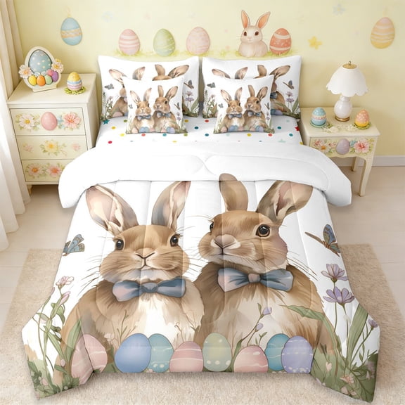 Erosebridal Rustic Farmhouse Rabbit 7pcs Bedding Comforter Set,Multicolor Easter Eggs Wild Butterfly Kids Queen Bedding Sets Reversible