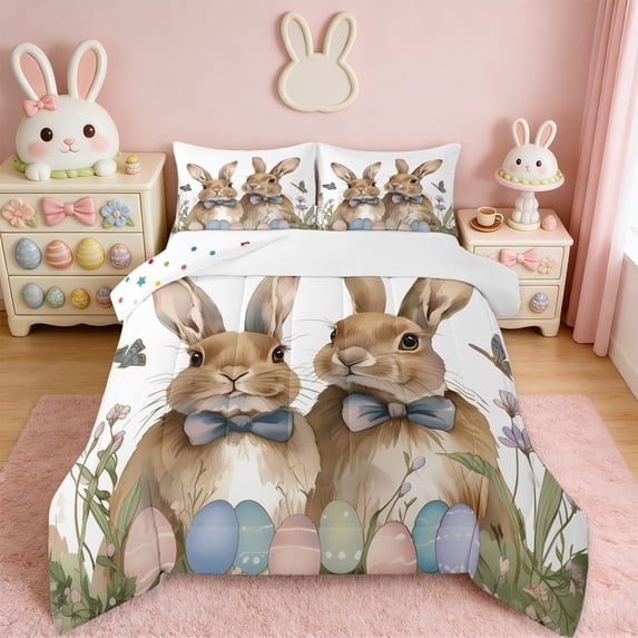 Erosebridal Rustic Farmhouse Rabbit Queen Comforter Set,Multicolor Easter Eggs Wild Butterfly Kids Bedding Comforter Set Reversible 3 Pieces