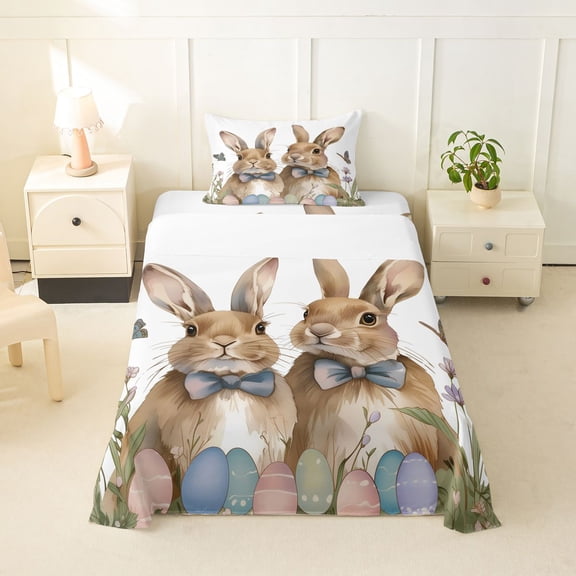 Erosebridal Rustic Farmhouse Rabbit Twin Sheet Sets,Multicolor Easter Eggs Wild Butterfly Kids Bedding 3pcs