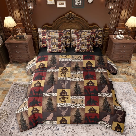 Erosebridal Rustic Farmhouse Twin Bedding Sets 7-Piece, Red Brown Buffalo Bedding Comforter Set, Black Reversible