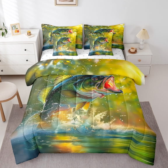 Erosebridal Rustic Fishing Bed in a Bag Queen size, Bass Fish Bedding Queen Size, Farmhouse Animal Reversible Bed Set, Lightweight Bedroom Decoration, 7pcs
