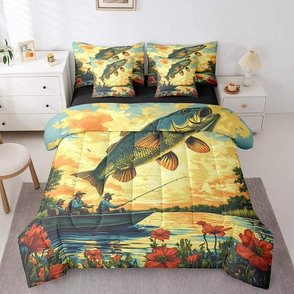 Erosebridal Rustic Fishing Bed in a Bag Queen size, Lake Flower Bed Set, Bass Fish Decor, Reversible 7 Pieces