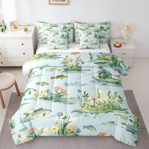 Erosebridal Rustic Fishing Bed in a Bag Twin size, Lake Lotus Flower Bed Set, Bass Fish Decor, Reversible 7pcs