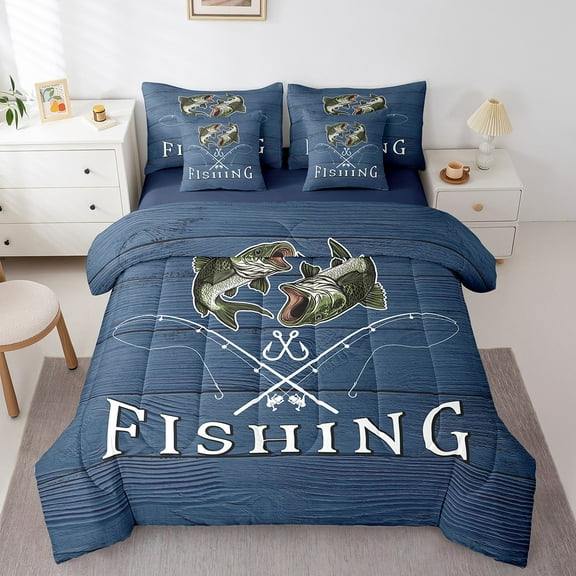 Erosebridal Rustic Fishing Bedding Queen Size, Lodge Cabin Bed in a Bag Queen size, Pike Fish Decor, Reversible 7pcs