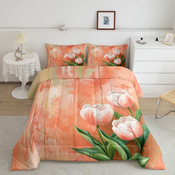 Erosebridal Rustic Floral Comforter Sets Queen Size, Orange Tulip Comforters & Duvets, Farmhouse Reversible Duvet Insert, Microfiber Room Decorative, 3 Pieces