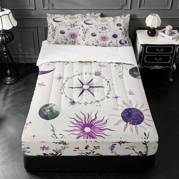 Erosebridal Rustic Floral Print Zipper Twin Comforter Sets with Fitted Sheet and 2 Pillowcases,Moon Stars Wildflower Zipper Bedding Set For Boys,4-Piece