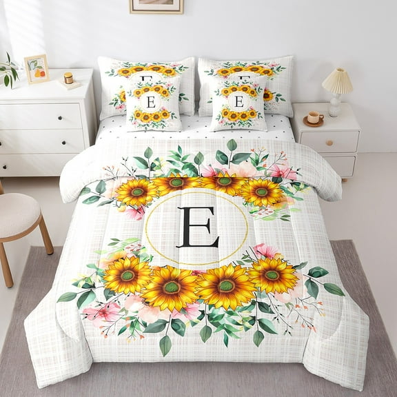 Erosebridal Rustic Flower Bedding Sets Twin Size, Monogrammed E Comforter Sets with Sheets, Vintage Boffalo Bed Set, Microfiber Room Decorative, 7pcs