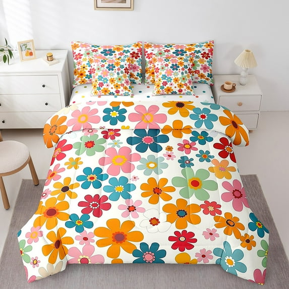 Erosebridal Rustic Flower Bedding Twin Size, Groovy Floral Bed in a Bag Twin size, Cartoon Theme decor, Reversible 7pcs